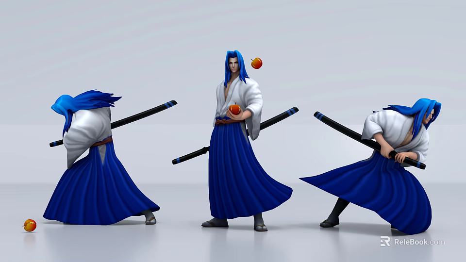 Game Movie Character Blue Long Hair White Top Holding Long Sword Orange Ball Various Poses 3d model 