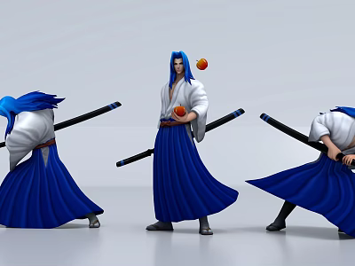 Game Movie Character Blue Long Hair White Top Holding Long Sword Orange Ball Various Poses 3d model