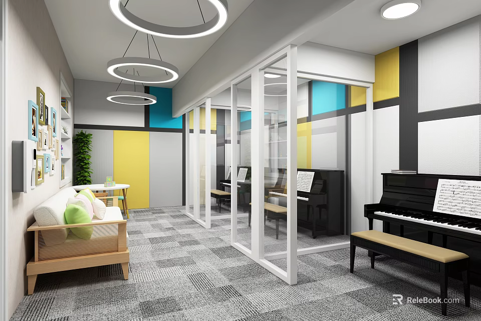 Kindergarten Indoor Activity Space With Pianos Glass Partitions And Comfortable Sofa Area 3d model 