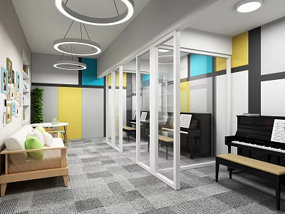 Kindergarten Indoor Activity Space With Pianos Glass Partitions And Comfortable Sofa Area 3d model