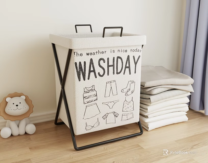 Wash Hamper with Clothing Prints and Stacked Linens for Laundry Storage on Wooden Floor 3d model 