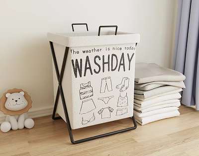 Wash Hamper with Clothing Prints and Stacked Linens for Laundry Storage on Wooden Floor 3d model