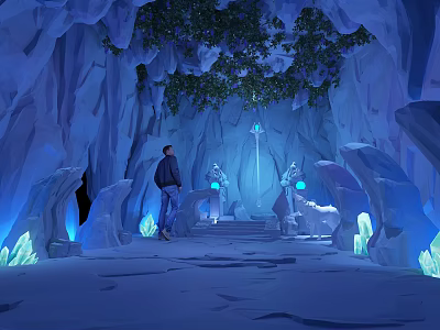 Cartoon Cave Scene Featuring Blue Rocks Glowing Crystals Green Plants And Characters 3d model