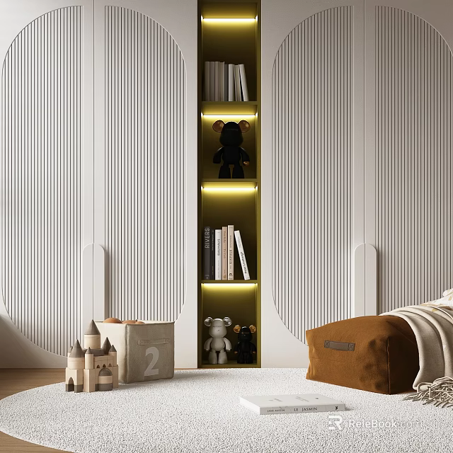 White Vertical Striped Wardrobe With Shelves Lighting Books And Stuffed Toys In Kids Room 3d model 
