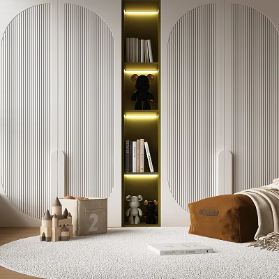 White Vertical Striped Wardrobe With Shelves Lighting Books And Stuffed Toys In Kids Room 3d model