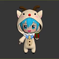 Cute Blue Haired Character in Reindeer Costume Holding Gift Box and Bell