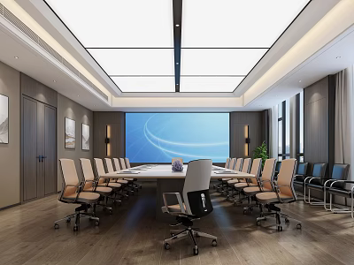 Modern Spacious Conference Room With Long Meeting Table Office Chairs Large Screen And Ceiling Lighting 3d model