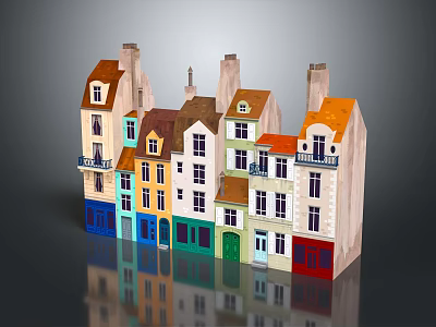 Cartoon Scene Of Colorful Town Houses With Diverse Roofs And Decorative Windows 3d model