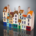 Cartoon Scene Of Colorful Town Houses With Diverse Roofs And Decorative Windows