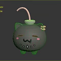 Cute Cartoon Cat Game Movie Character with Gray Body Pink Cheeks Closed Eyes Yellow Straw