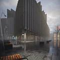Urban Building Complex Featuring Modern Glass Facade and Geometric Design in City Surroundings