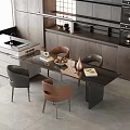 Modern Dining Table Set With Black Top Gray Brown Chairs And Kitchen Background 3d model