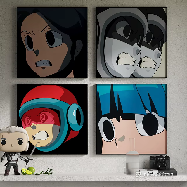 Colorful Cartoon Character Paintings With Vibrant Faces Doll And Camera Decor 3d model 