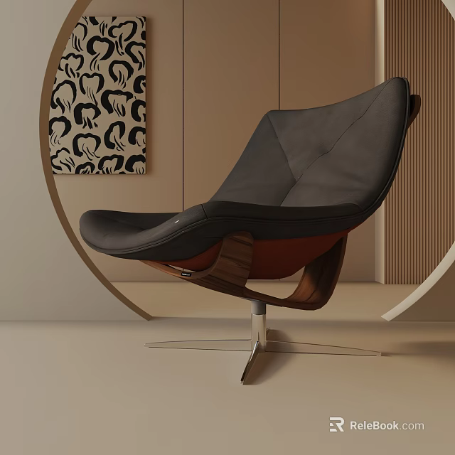 Modern Black Leather Leisure Chair Featuring Wooden Frame And Metal Base In Stylish Interior 3d model 