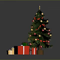 Festive Christmas Tree With Star Top Red Ribbons And Colorful Gift Boxes