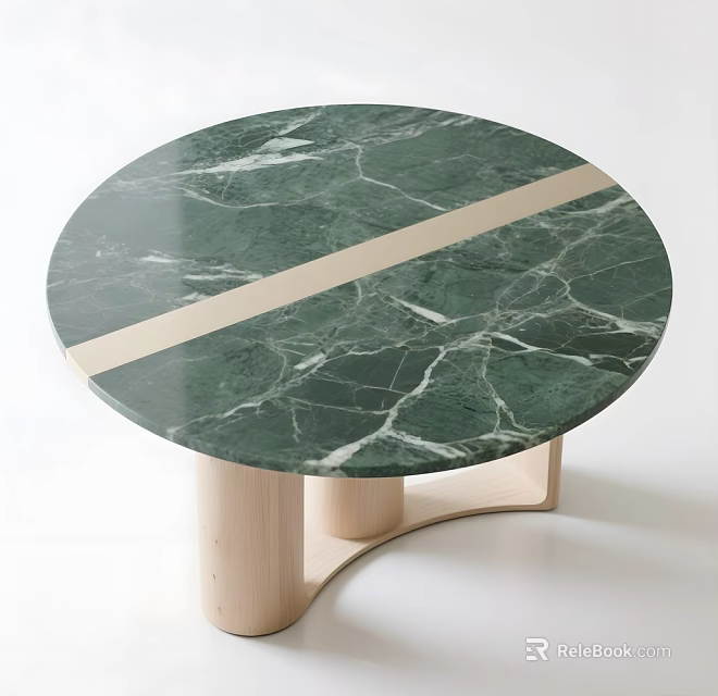 Round Green Marble Dining Table With Light Wooden Legs And Middle Wooden Stripe 3d model 