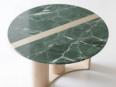 Round Green Marble Dining Table With Light Wooden Legs And Middle Wooden Stripe 3d model