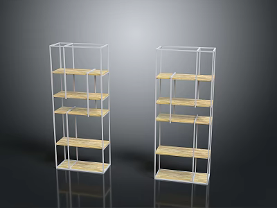 Two Modern Minimalist Shelving Units With White Metal Frame And Wooden Tiers 3d model