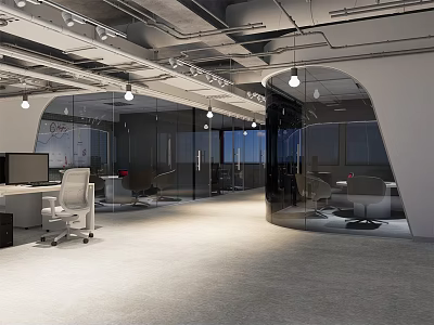 Modern Public Office Space With Open Layout Glass Partitions Office Desks And Pendant Lights 3d model