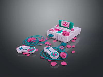 Pink Themed Retro Game Console With Controllers And Rose Decorations 3d model