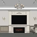 Elegant White Marble TV Wall Design With Fireplace Flame Wall Sconces And Chandelier