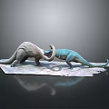 Two Light Colored And Blue Dinosaur Models In Interacting Pose On Display Base
