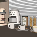 Modern Kitchen Appliances Coffee Makers on Countertop with Coffee Cups and Nut Storage Jars