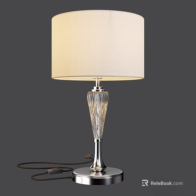Modern Table Lamp With Cream Fabric Shade And Textured Glass Base 3d model 