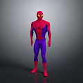 Spider Man Costume With Red And Purple Design Web Pattern And Yellow Eyes Standing Pose