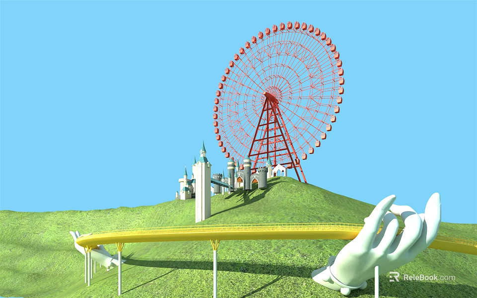 Colorful Amusement Park Rides With Ferris Wheel Castle And Slide On Green Hill 3d model 