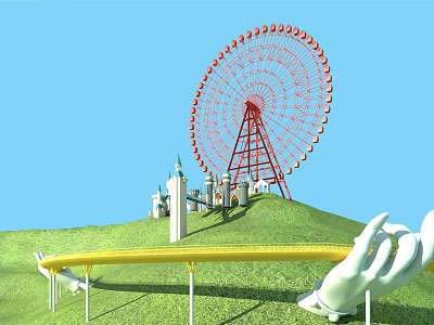 Colorful Amusement Park Rides With Ferris Wheel Castle And Slide On Green Hill 3d model