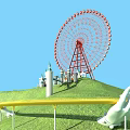 Colorful Amusement Park Rides With Ferris Wheel Castle And Slide On Green Hill