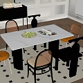 Modern Dining Table Set With White Top Black Legs Brown Chairs And Geometric Rug