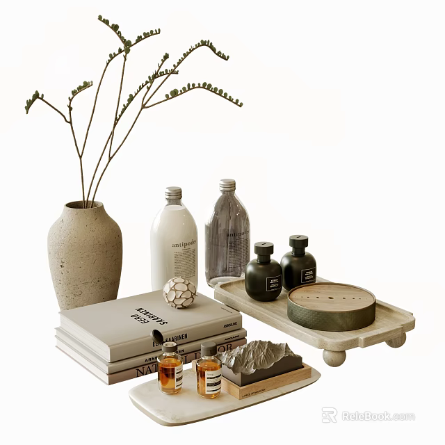 Decorative Ornament Set With Vase Dried Branches Books Tray Round Decor And Mountain Shaped Decor 3d model 