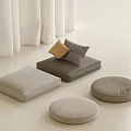 Gray And Beige Fabric Cushions With Round Poufs In Bright Interior