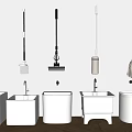 White Bathroom Cleaning Accessories With Wall Mounted Mops And Buckets 3d model