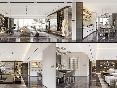 Modern Living Room Interior Design With Sofa Chandeliers Bookshelves And Large Windows 3d model