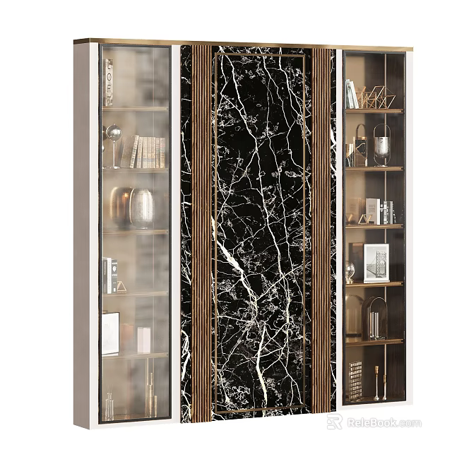 Elegant Modern Decorative Cabinet With Black Marble Texture Golden Frame Glass Doors And Books Decorations 3d model 
