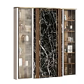 Elegant Modern Decorative Cabinet With Black Marble Texture Golden Frame Glass Doors And Books Decorations