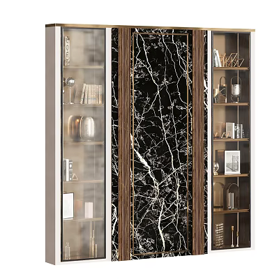 Elegant Modern Decorative Cabinet With Black Marble Texture Golden Frame Glass Doors And Books Decorations 3d model