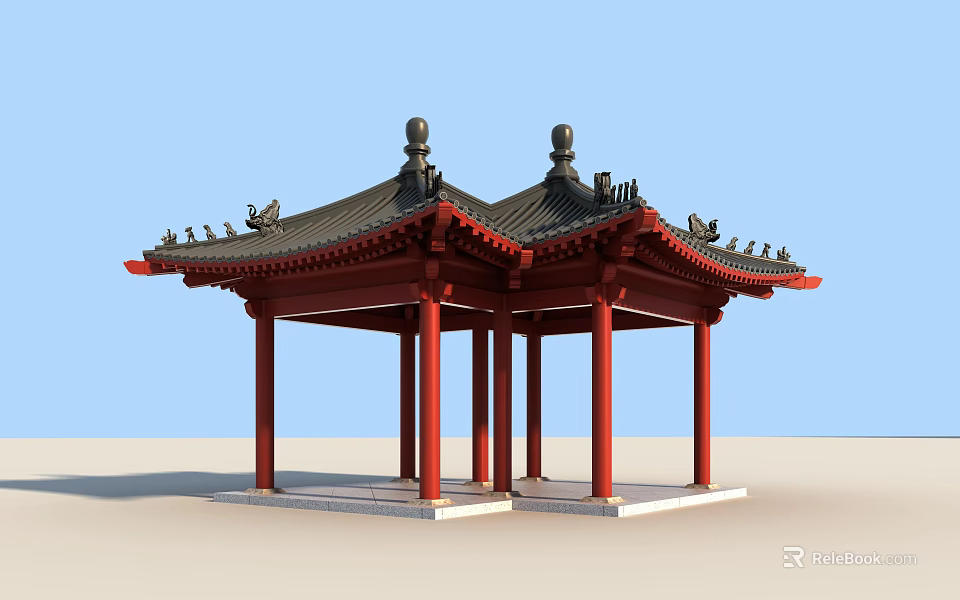 Traditional Chinese Pavilion With Red Pillars And Black Decorative Roof Structure 3d model 