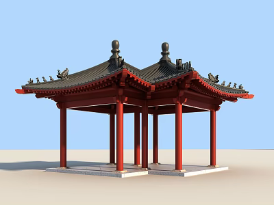 Traditional Chinese Pavilion With Red Pillars And Black Decorative Roof Structure 3d model