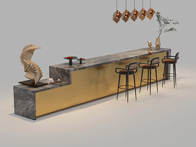 Modern Bar Counter With Marble Top Golden Base Black Bar Stools And Hanging Lights 3d model