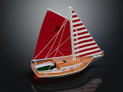 Model Sailboat With Red And Striped Sails Wooden Hull Green Interior Dark Background Reflection 3d model