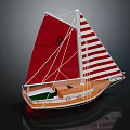 Model Sailboat With Red And Striped Sails Wooden Hull Green Interior Dark Background Reflection