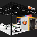 Qingcheng Dafa Exhibition Booth With White Car Models Large Screen And Yellow Accents