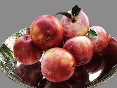 Fresh Red Apples With Green Leaves In Shiny Silver Bowl Arrangement 3d model