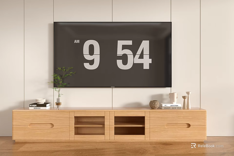 Wooden TV Stand With TV Displaying 954 AM And Decorative Items Green Plant Books 3d model 