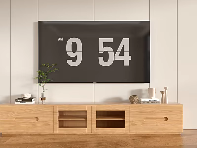 Wooden TV Stand With TV Displaying 954 AM And Decorative Items Green Plant Books 3d model