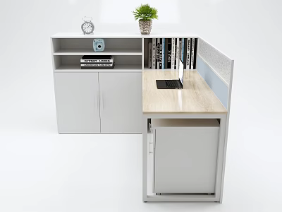 Modern Office Desk With Shelf Potted Plant Clock Files And Storage Cabinet 3d model